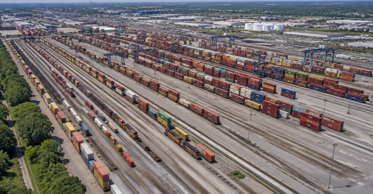 Aerial view of a major intermodal rail yard with hundreds of containers and multiple trains showing the scale of rail freight operations