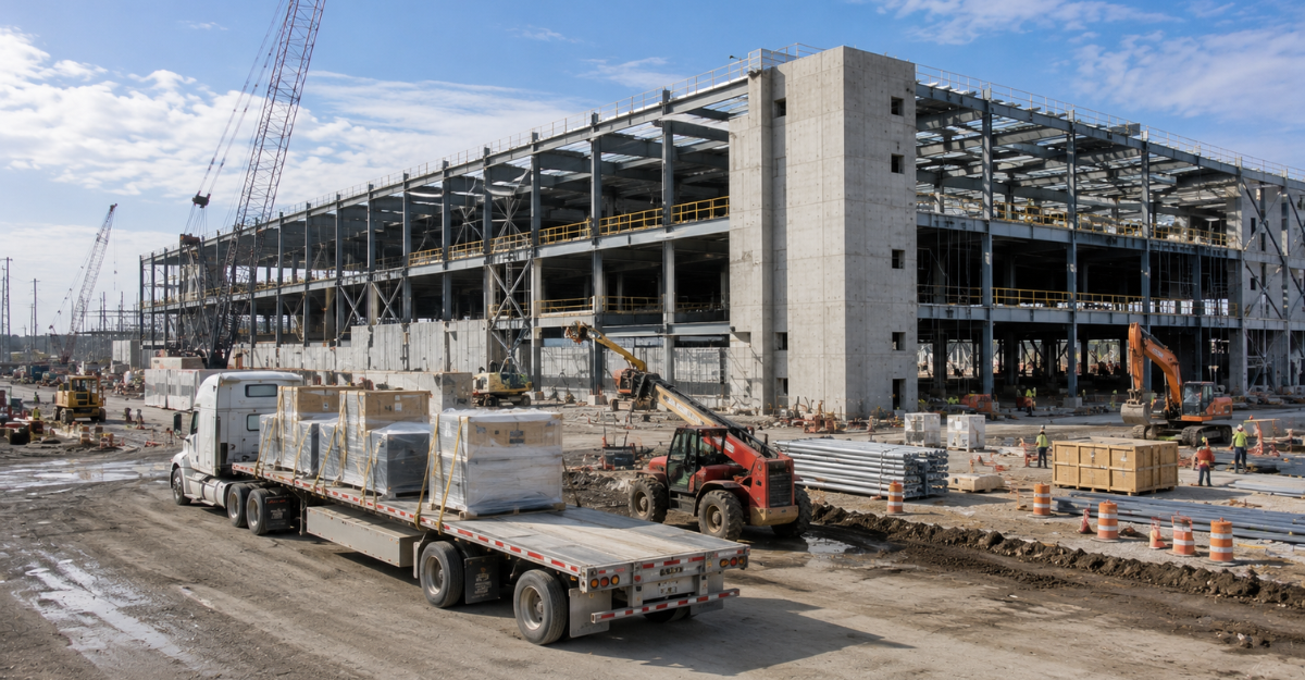Data center facility under construction with steel framing and heavy equipment on site representing growing intermodal freight demand from AI infrastructure