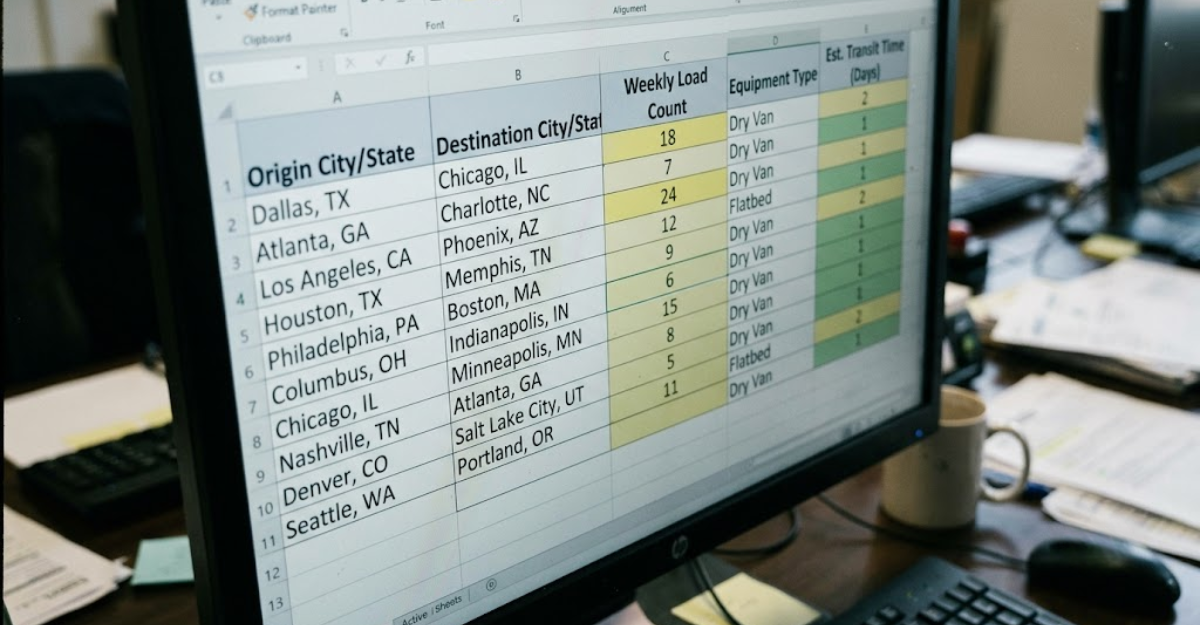 Freight lane data spreadsheet showing origin-destination pairs, weekly volumes, equipment types, and transit requirements for an RFP