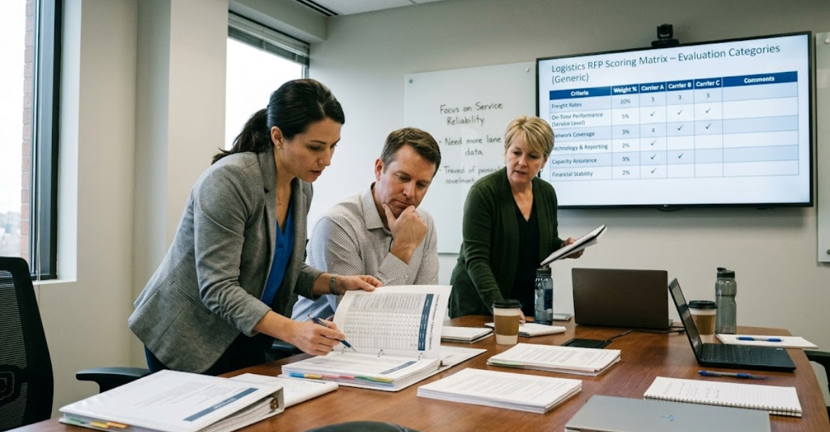 Logistics team reviewing carrier bid responses and scoring criteria during freight RFP evaluation