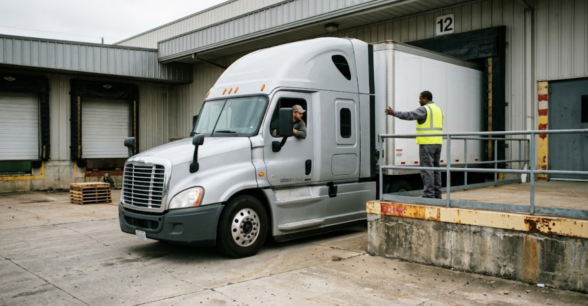 Semi truck backing into a loading dock at a distribution facility representing the start of a new carrier contract after RFP award