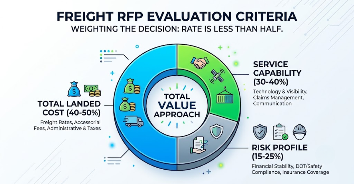 Infographic showing freight RFP evaluation weighting with total landed cost at 40-50%, service capability at 30-40%, and risk profile at 15-25%