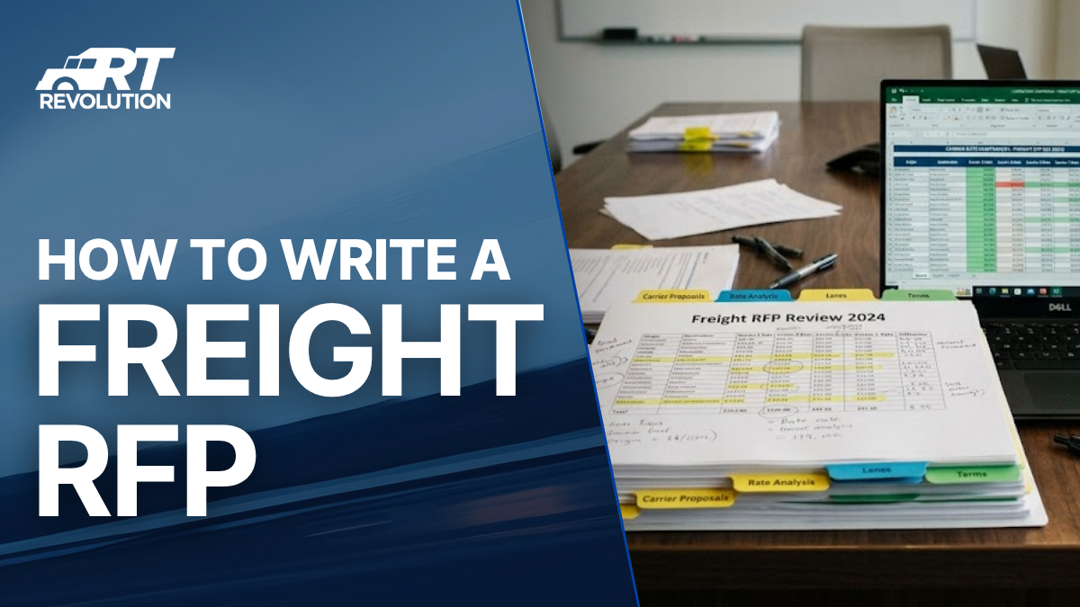 Freight RFP documents and carrier rate comparison spreadsheet on a conference table during procurement review