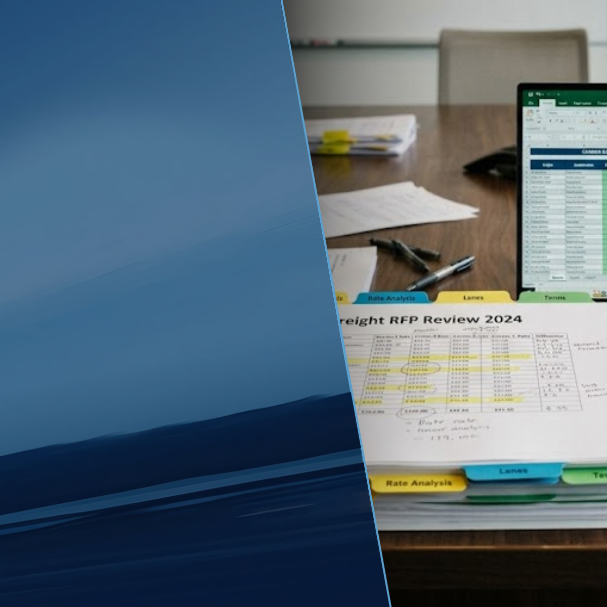 Freight RFP documents and carrier rate comparison spreadsheet on a conference table during procurement review