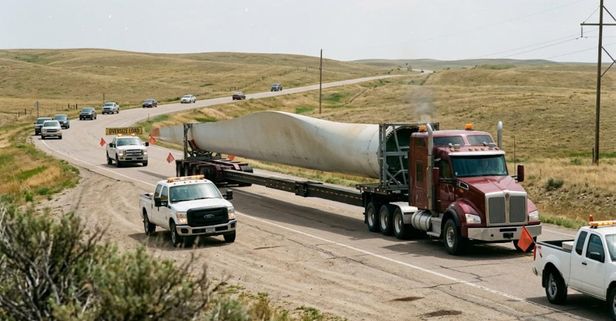 Oversize load on a lowboy trailer traveling on a highway with OVERSIZE LOAD banner and pilot car escort visible