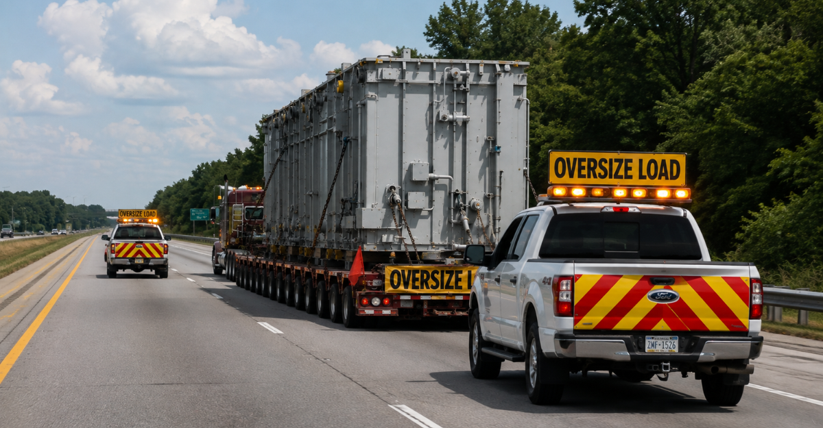 Oversize load convoy with front and rear pilot car escorts displaying flashing amber lights and OVERSIZE LOAD signs on highway