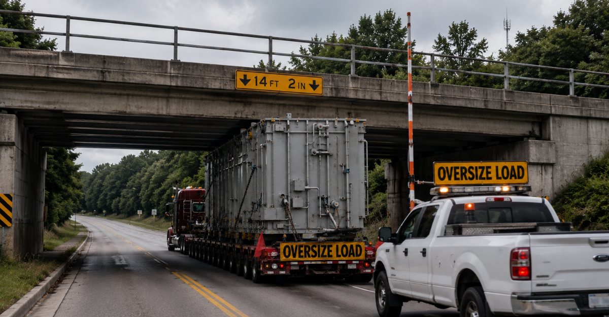 Oversize load approaching a highway bridge with height clearance being verified by a pilot car height pole
