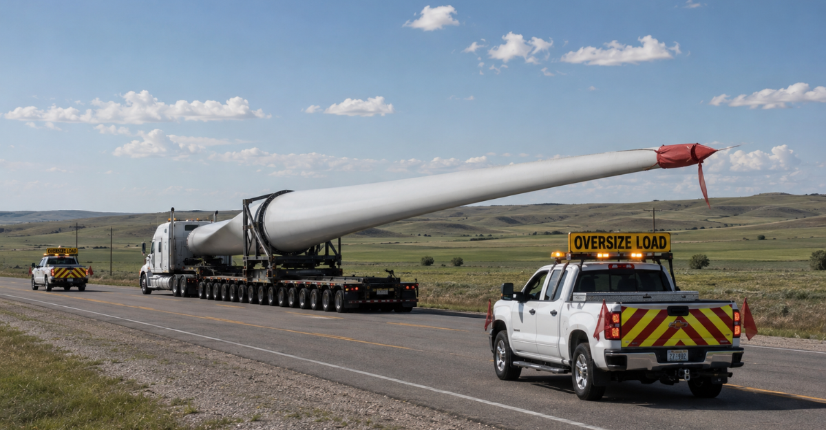Wind turbine blade on a specialized extendable trailer being transported as a superload with escort vehicles on a rural highway