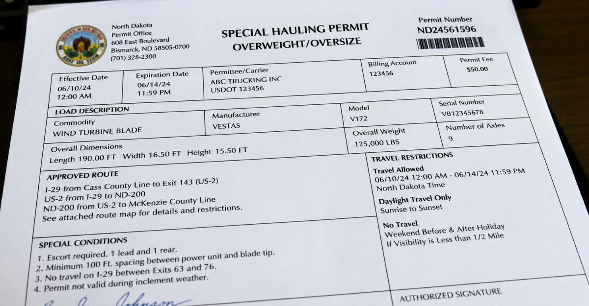 Close-up of an oversize load permit document showing approved dimensions, weight, route, and travel date restrictions