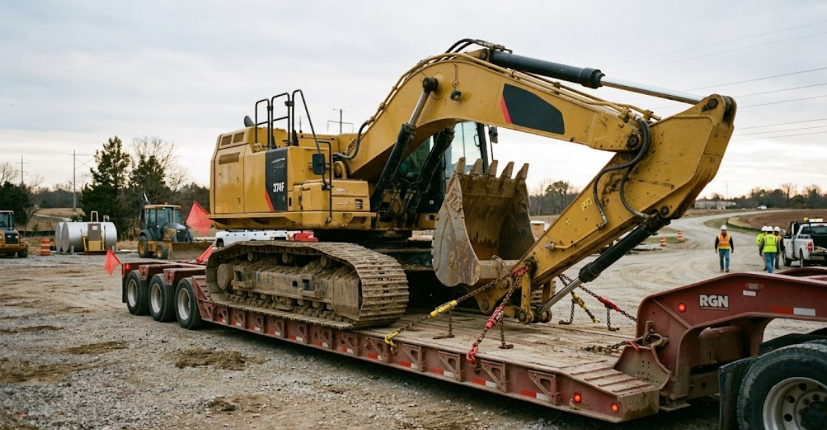 Heavy construction equipment secured with chains on a multi-axle RGN trailer staged for an oversized permitted move