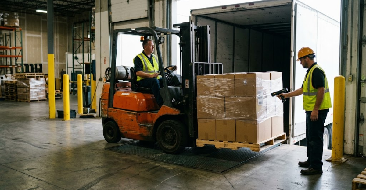 Another Forklift unloading pallets from a trailer
