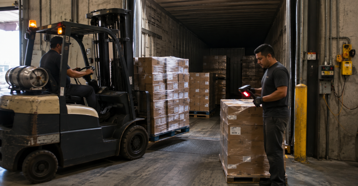 Forklift unloading pallets from a trailer at a cross-dock receiving dock while a worker scans barcode labels with a handheld scanner