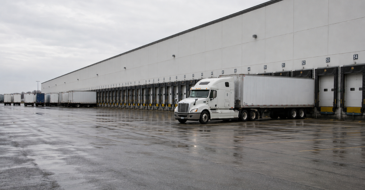 Exterior of a cross-dock facility showing a long row of dock doors with multiple trailers docked and a yard tractor positioning a trailer
