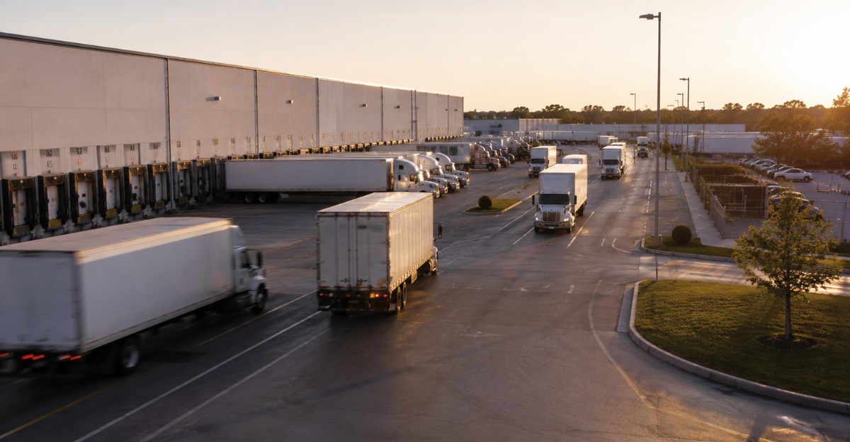 Multiple trucks departing a cross-dock facility after completing outbound loading during the early morning dispatch cycle
