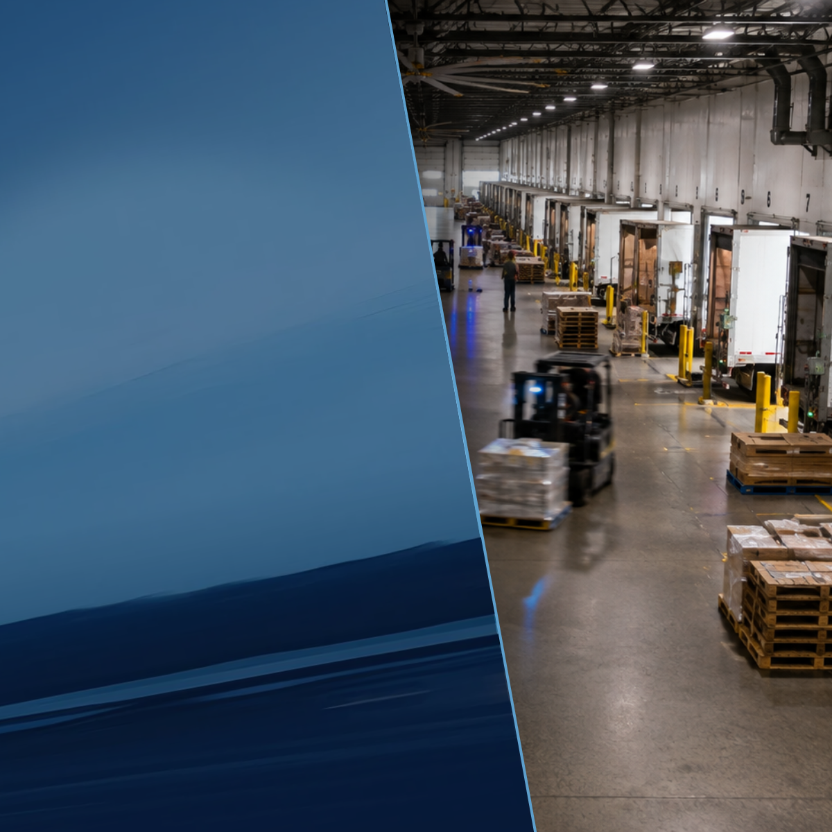 Interior of a cross-dock facility with trucks docked on both sides and forklifts moving pallets between inbound and outbound staging areas