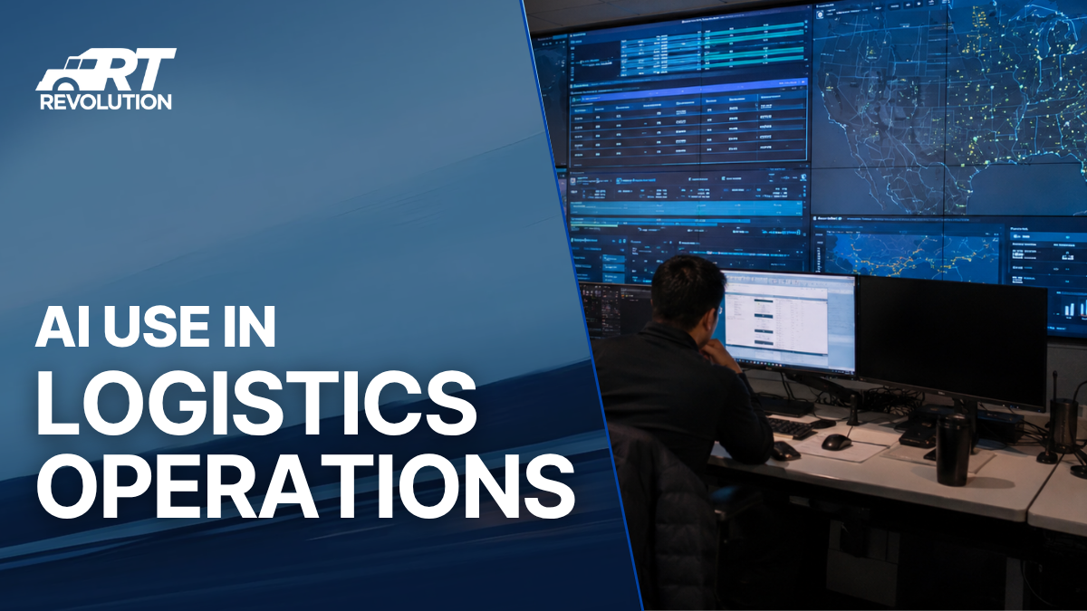 Freight operations center with wall-mounted screens displaying real-time shipment tracking maps and logistics dashboards