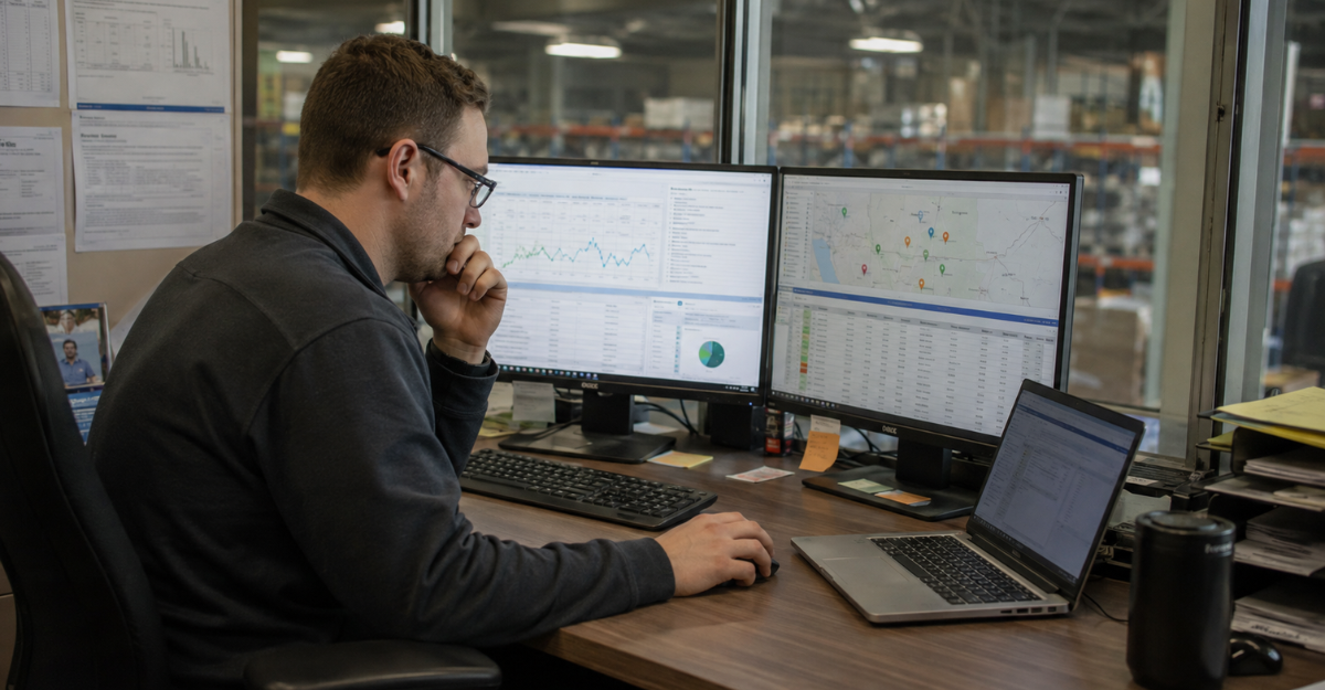 Supply chain planner reviewing freight demand forecasting data on a dual-monitor workstation