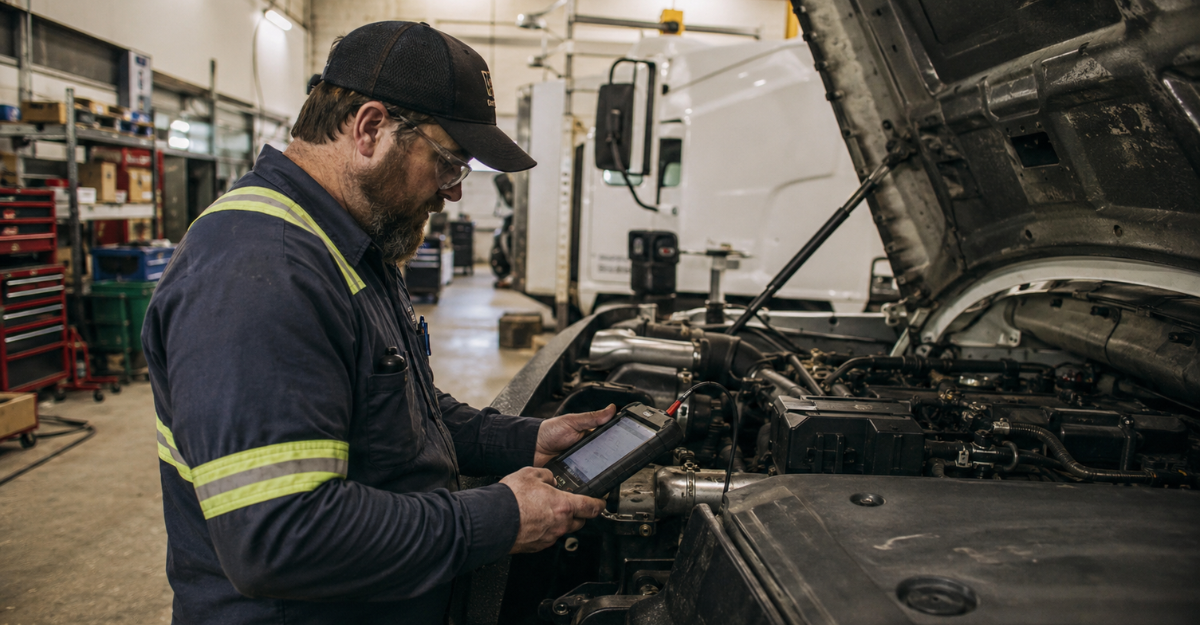 Fleet maintenance technician performing a diagnostic scan on a commercial truck engine in a maintenance bay
