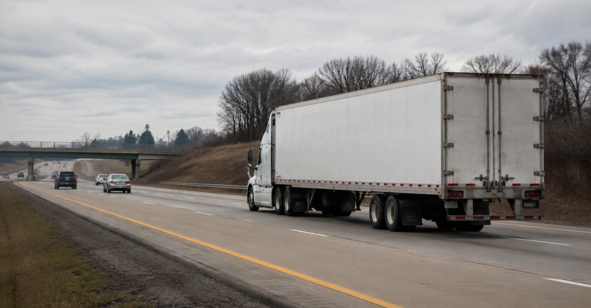 Tractor-trailer traveling on an interstate highway corridor representing the current state of long-haul freight operations