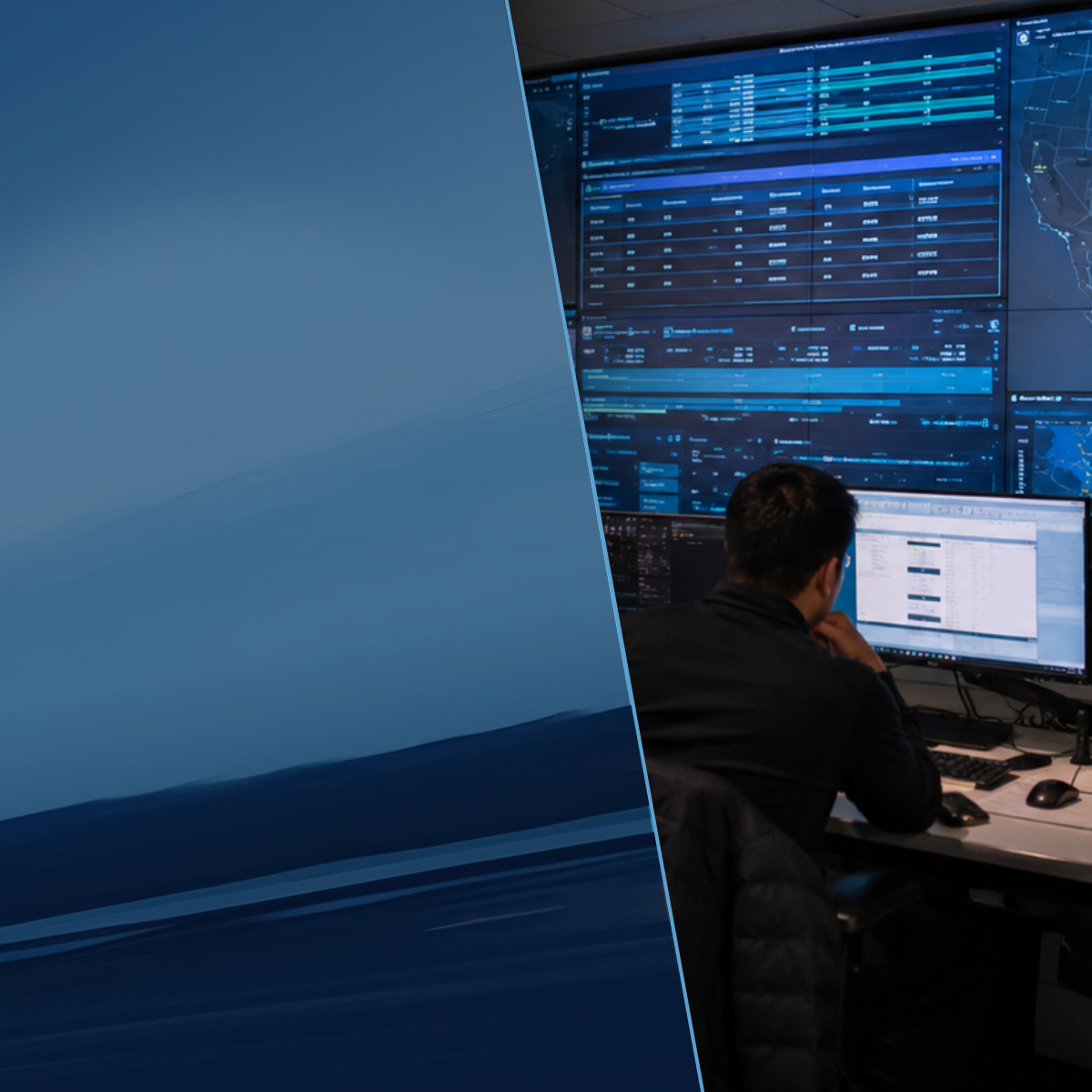 Freight operations center with wall-mounted screens displaying real-time shipment tracking maps and logistics dashboards