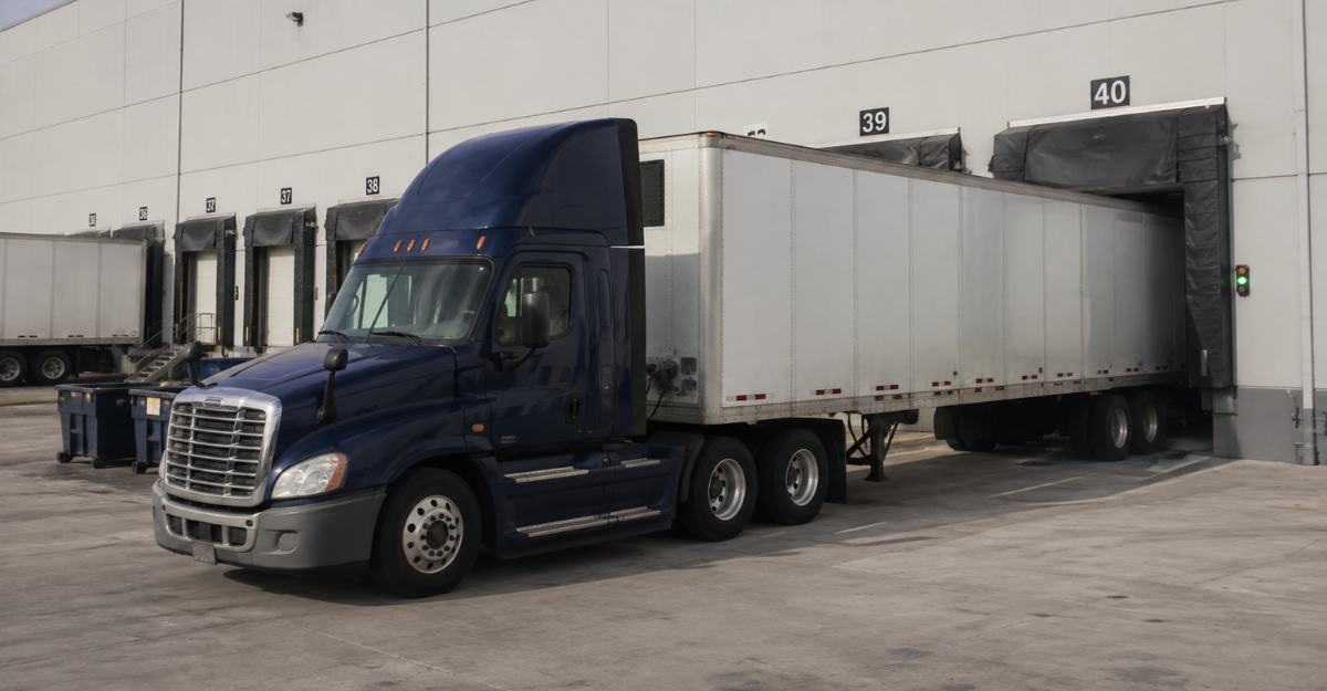 Asset-based carrier truck backing into a warehouse loading dock for freight pickup