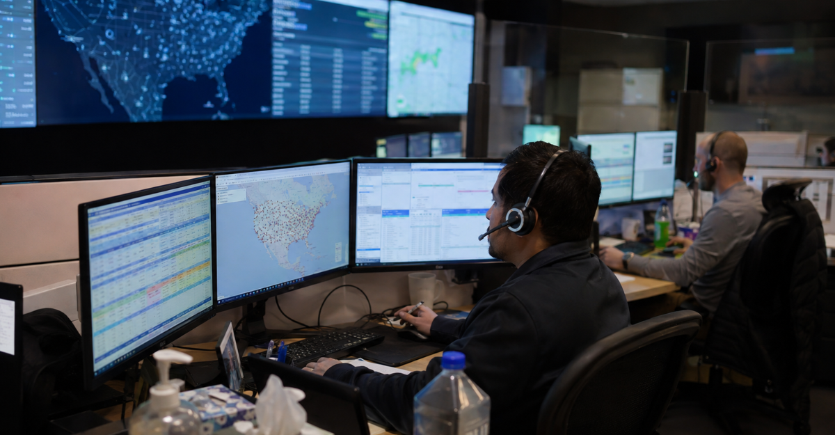 Logistics control tower with dispatchers monitoring real-time shipment tracking and exception management dashboards