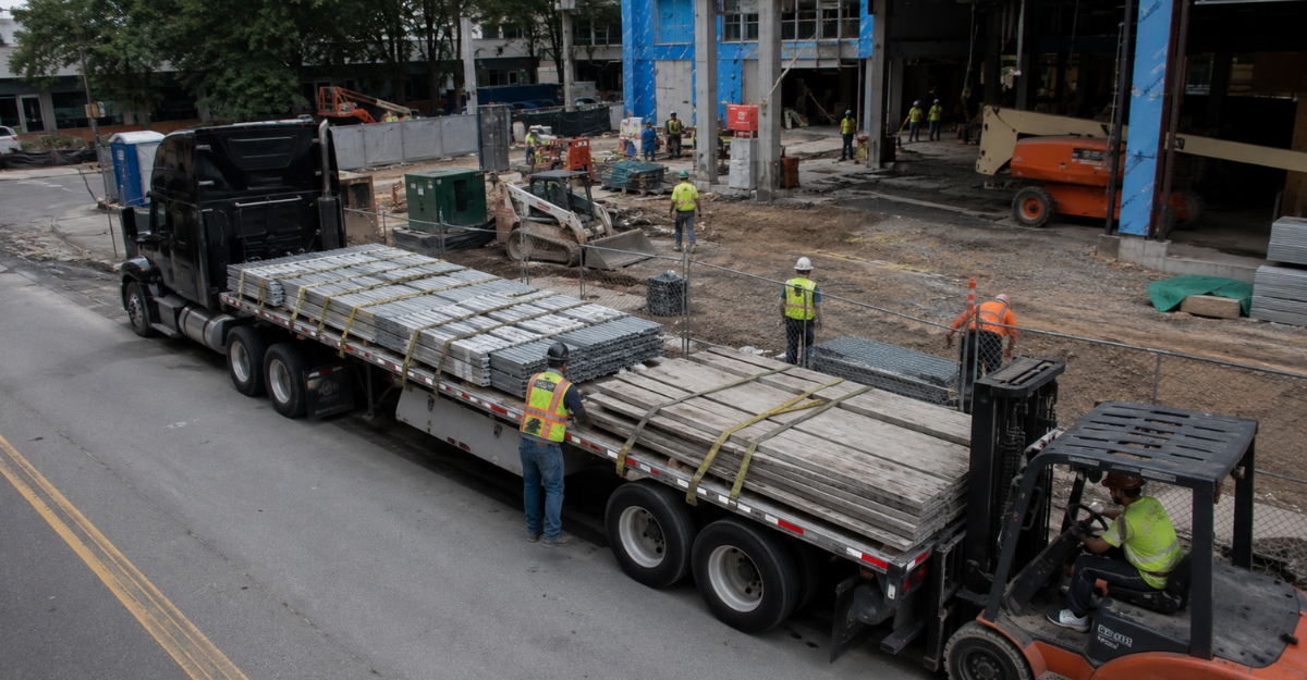 Flatbed truck delivering construction materials to an active jobsite with crews and equipment operating in the background