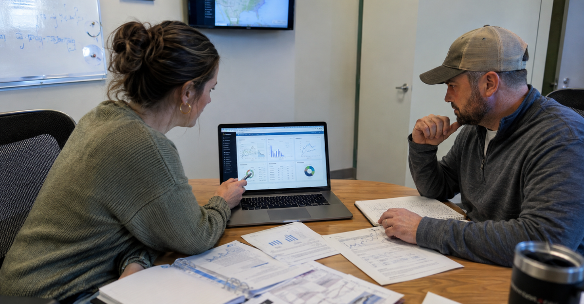 Shipper and logistics provider reviewing freight performance data during a quarterly business review meeting