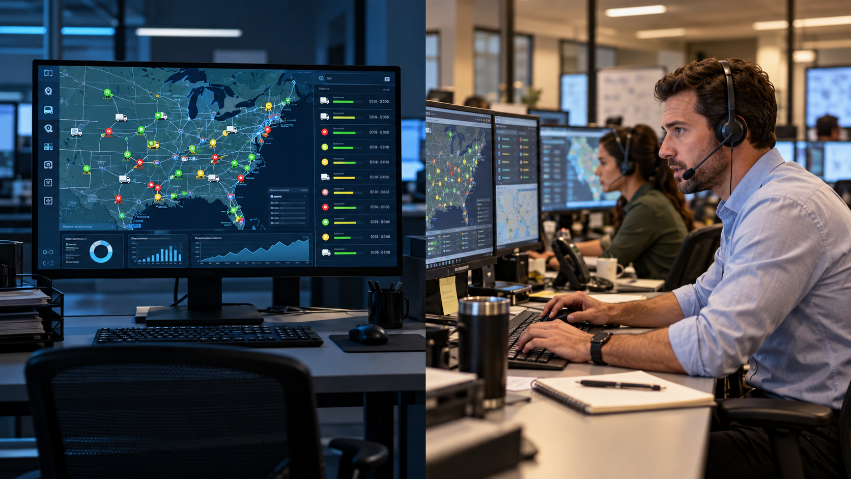 Split image contrasting an unattended freight tracking dashboard showing shipment locations with an active logistics operations team using the same data to manage exceptions and coordinate corrective actions in real time