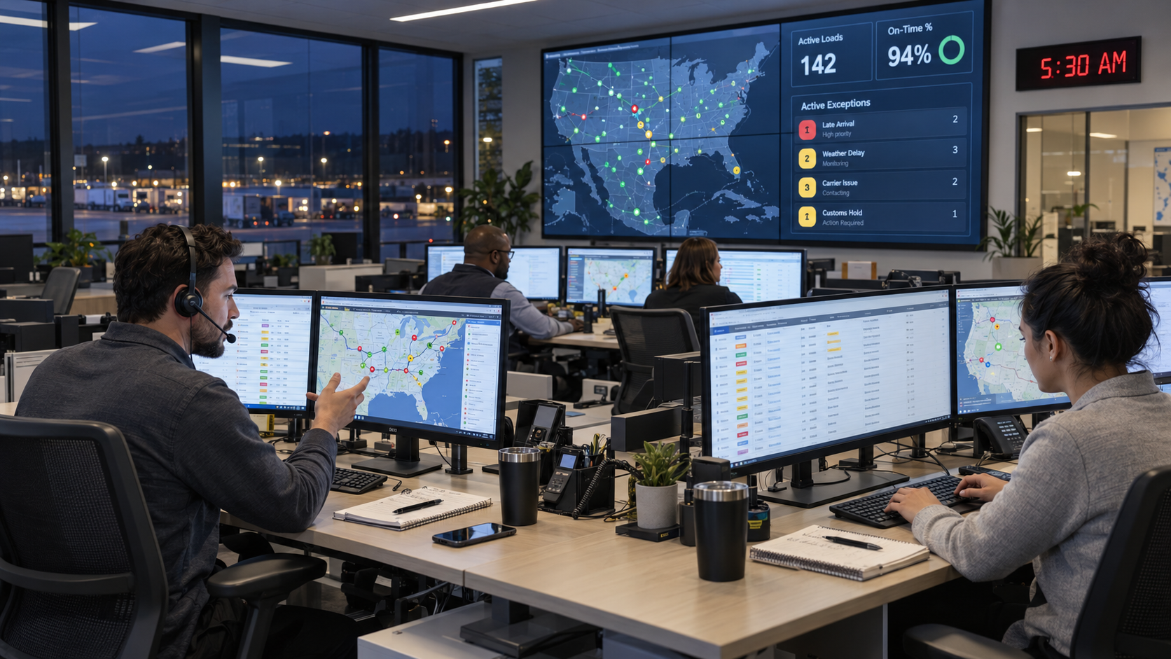Logistics control tower operations floor with team members managing freight exceptions across multiple screens, including real-time shipment tracking, carrier communication, and performance dashboards, during off-hours operations demonstrating 24/7 freight management coverage