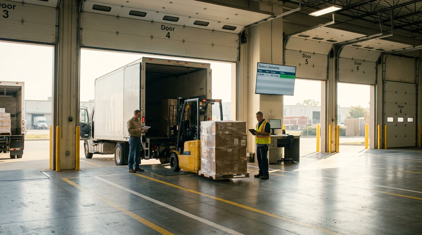 Freight delivery arriving on time at a prepared loading dock with forklift unloading the first pallet, dock worker verifying the shipment, and a digital dock schedule showing the delivery as on-time, representing the operational outcome of freight management versus tracking alone