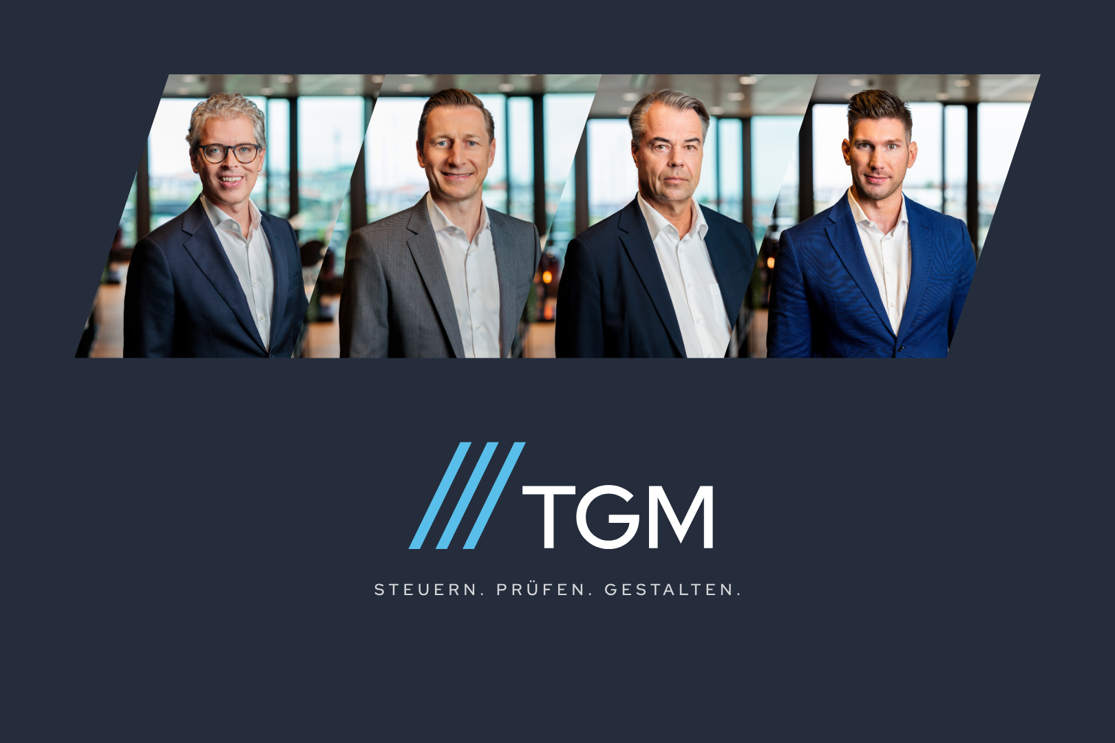 Portraits of four professionally dressed men in business suits above TGM logo and the German text 'Steuern. Prüfen. Gestalten.' on a dark blue background.
