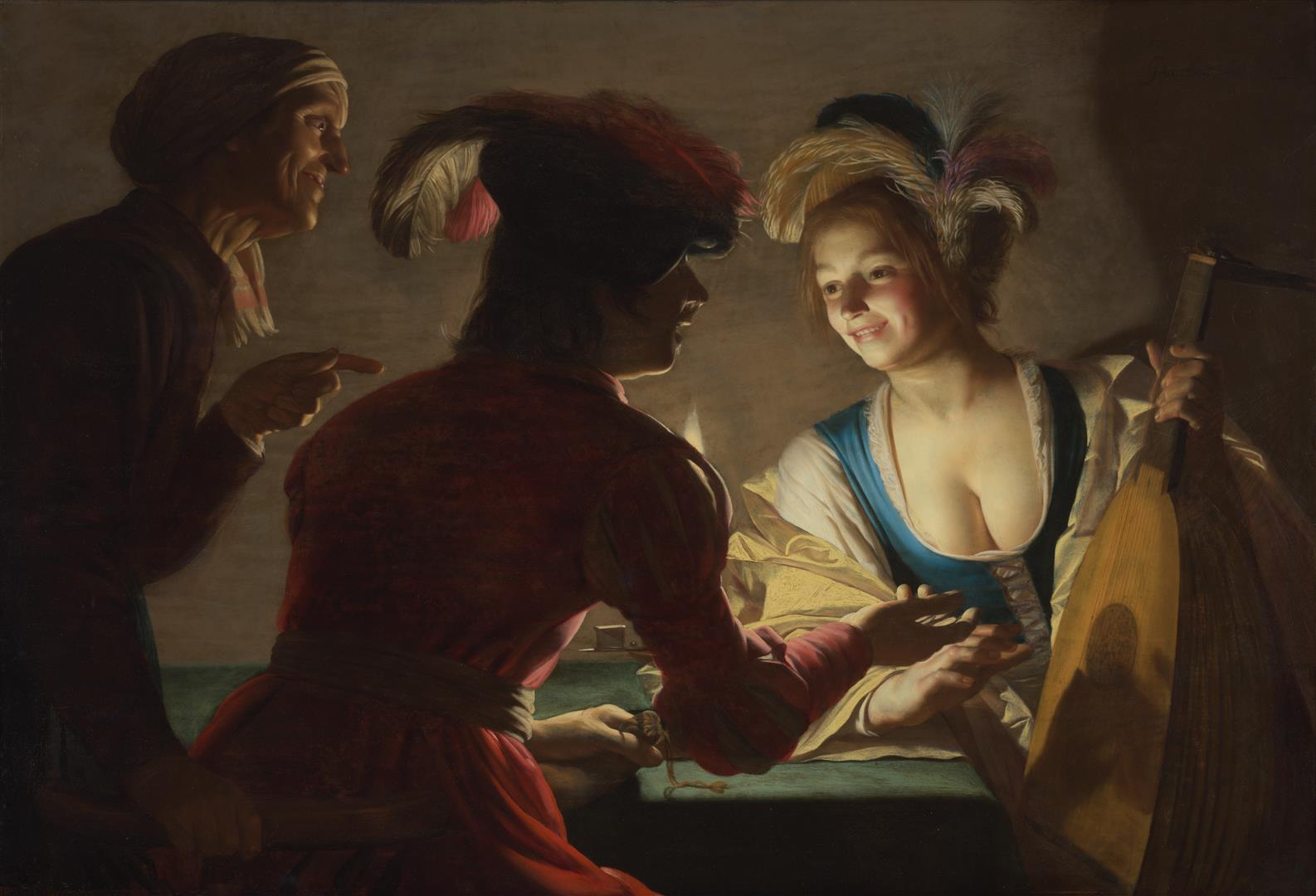 Een vrouw met veren op haar hoed leunt met een arm op een tafel, in de andere houdt ze een luit. Op de rug gezien staan aan de tafel ook een man die een geldbuidel vasthoudt en de vrouw munten aanbiedt. En linke een oudere vrouw die wijst naar de jongere vrouw wijst. De scene wordt verlicht door een kaars, de vlam is gedeeltelijk zichtbaar. Dit zorgt voor een sterk licht-donker-effect.