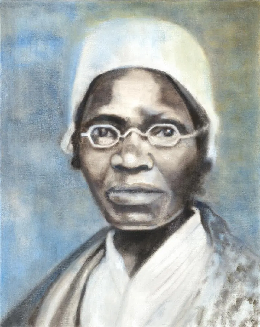 Portret van een vrouw met een wit mutje en een bril. 