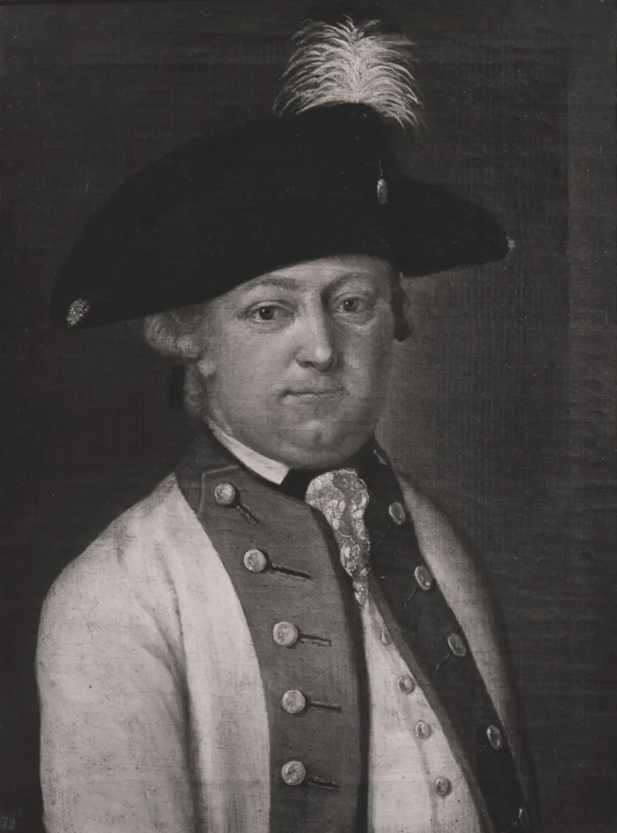 portret van een man met een steek (hoed) met een witte veer
