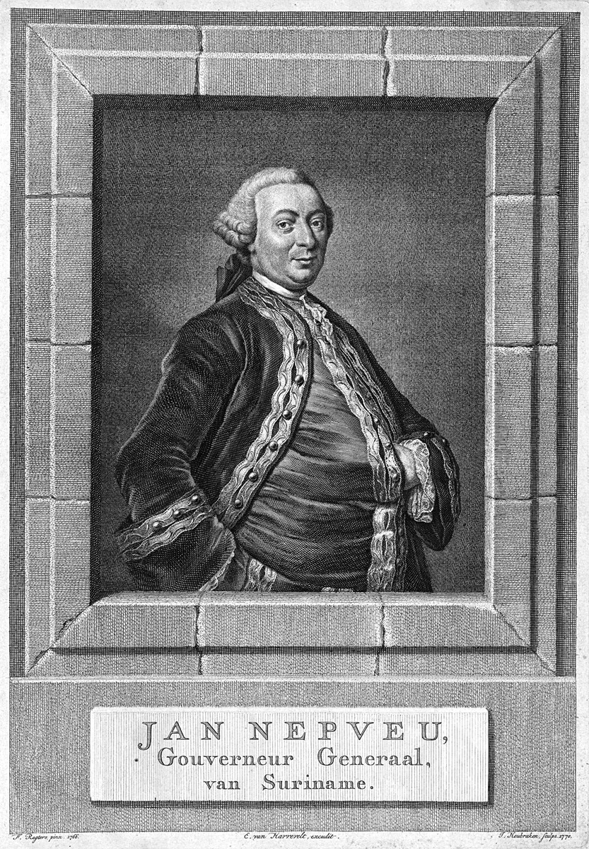 Prent met portret van een man met een dikke buik en een grijze pruik