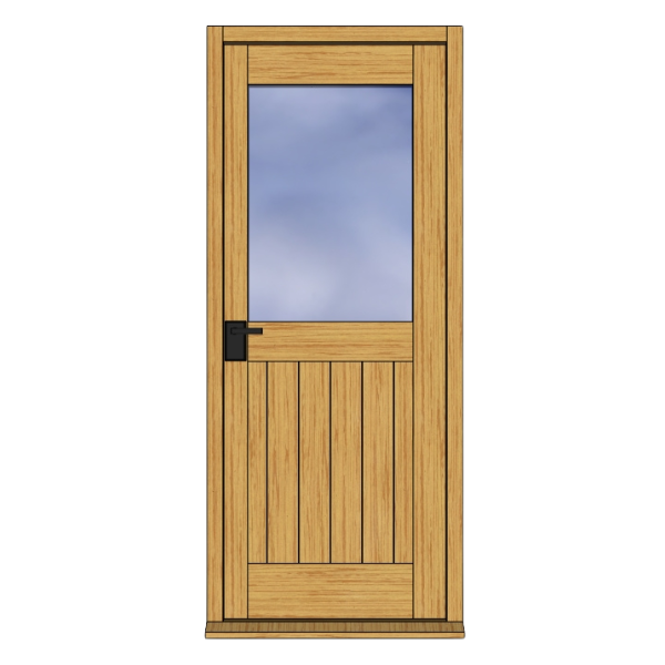 Wooden door with vertical panels and a large rectangular frosted glass window in the upper half.