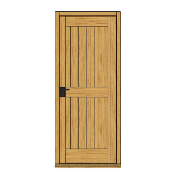Fully boarded wooden shed door with a black handle.