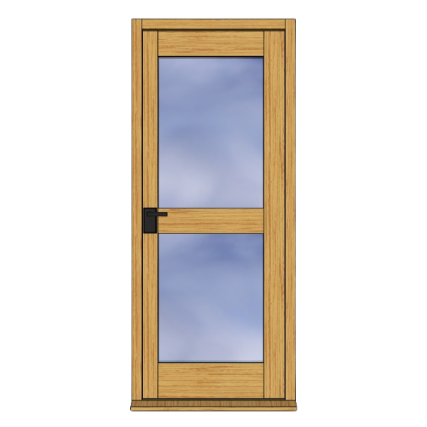 Wooden door with two large vertical glass panels and a black handle on the left side.