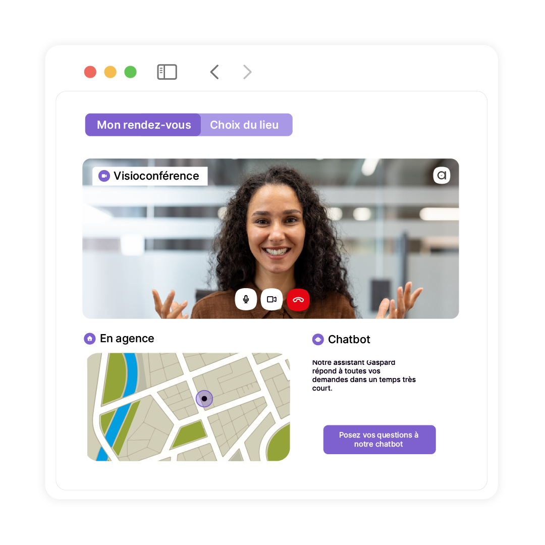 visuel d'omnicanalité avec agendize, visioconférence, chatbot et présentiel