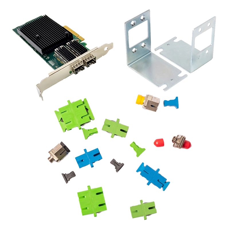 Collage of networking equipment including a NIC, rackmount, fibre adaptors and attenuators