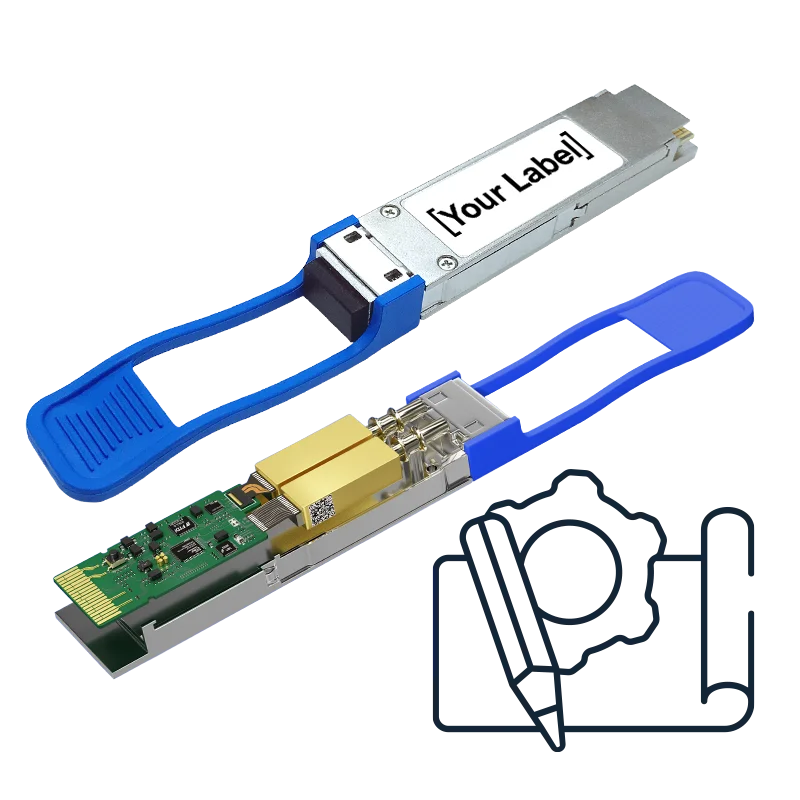 QSFP transceiver showing outer casing and internal components with 'your label' written on the label