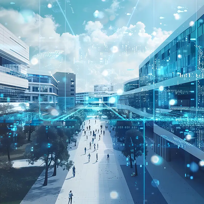 University campus with digital connectivity overlay