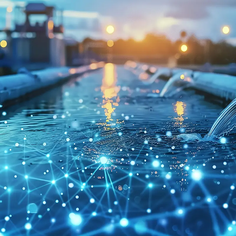 Water treatment plant overlayed with digital networked graphic
