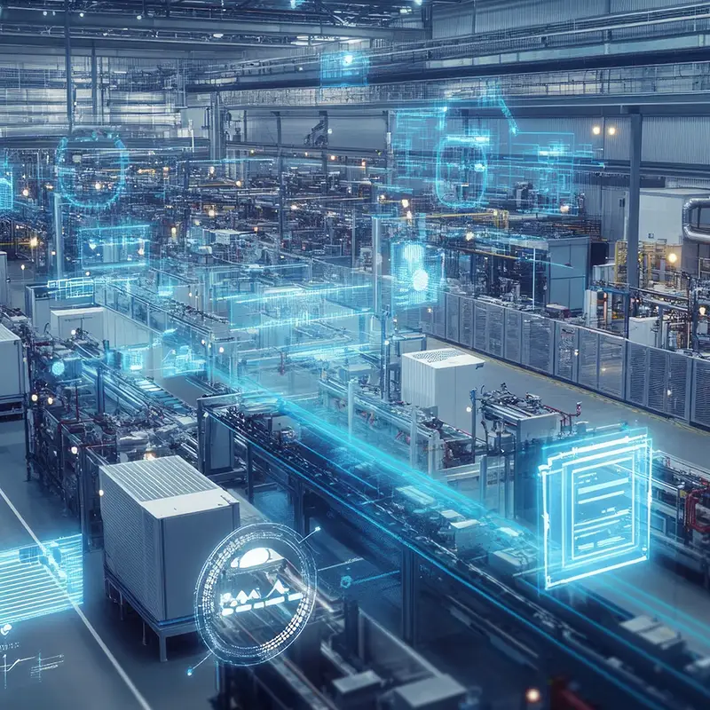 Factory floor overlayed with digital connectivity graphics