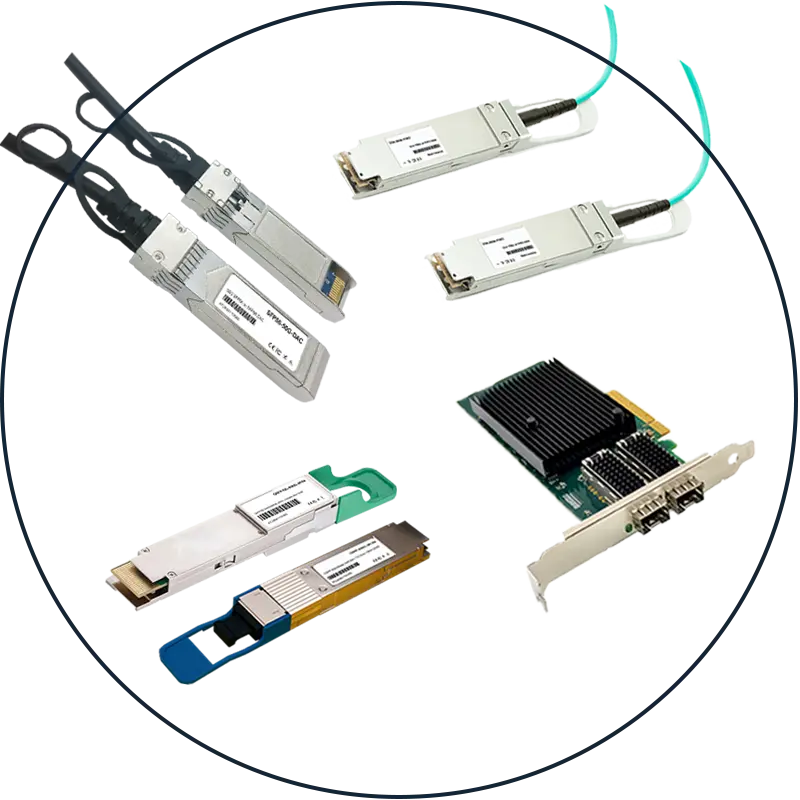 Collage of a range of networking products including cables, transceivers and NICs