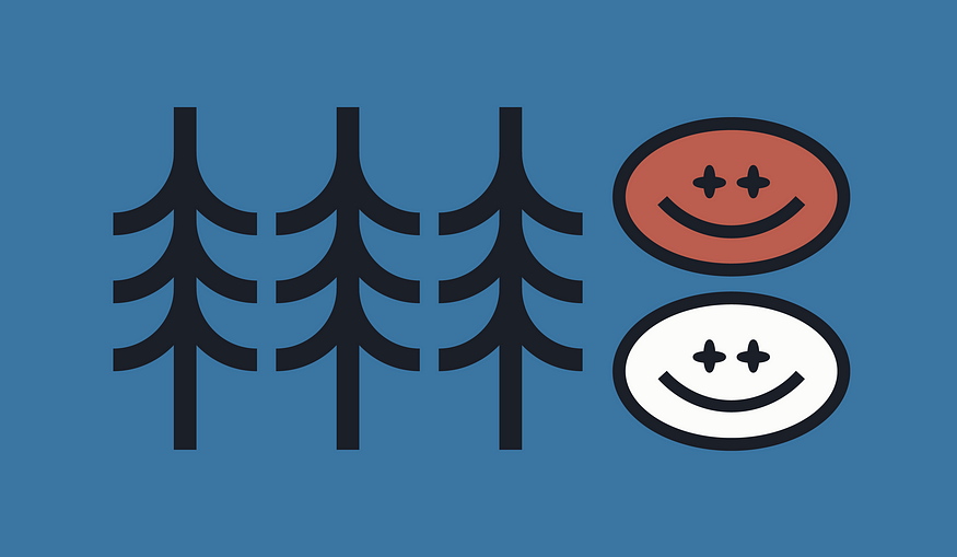 A graphic illustration featuring four stylised black trees on the left and two smiling faces on the right, one in reddish-brown and the other in white, against a muted blue background.