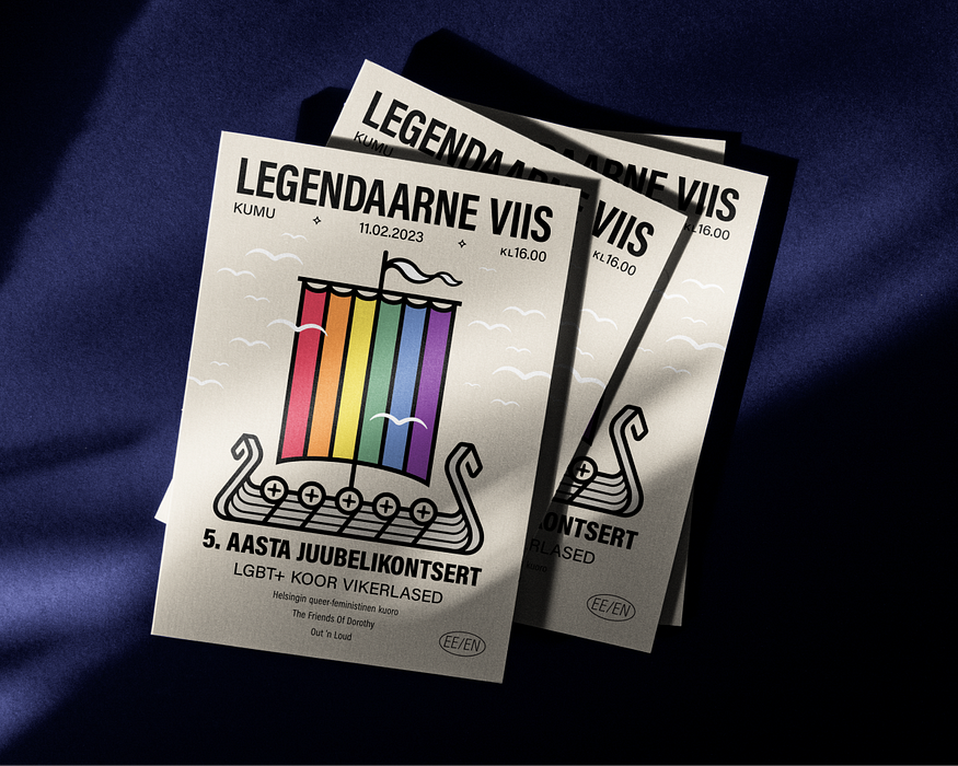 Brochures featuring a Viking ship with sails coloured in the rainbow pride flag on the cover, and a prominent heading ‘Legendaarne Viis,’ designed for the Vikerlased LGBT+ Choir by Orgcaos Design Studio