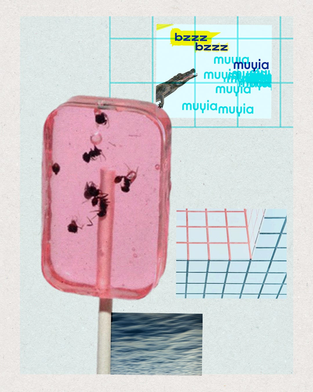A surreal collage featuring a pink lollipop with embedded ants, set against a grid background. Includes water texture and abstract text with a playful tone. Brainstorming session for Muyiabzz Production.