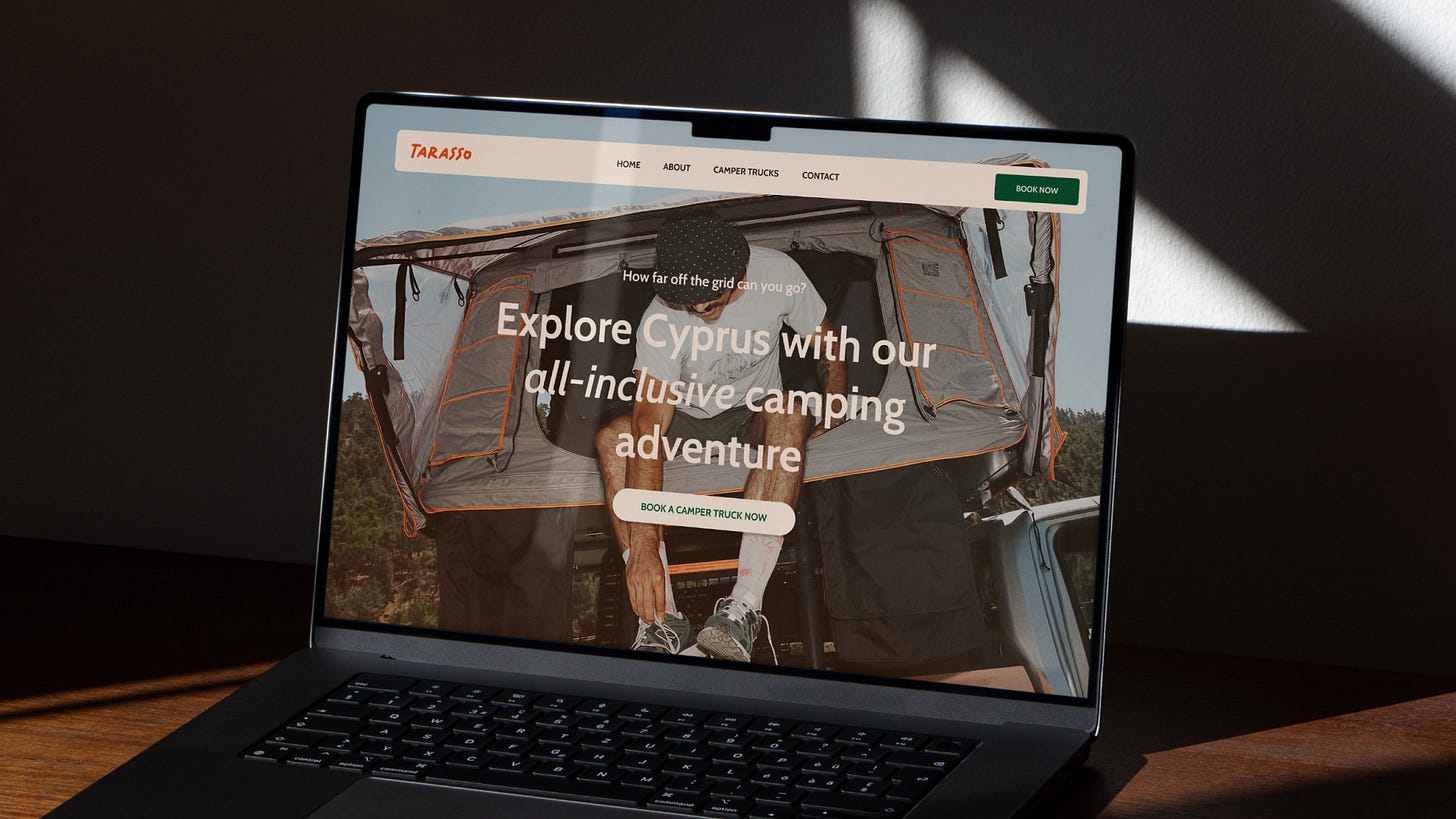 A laptop displays a travel website featuring an inviting camping scene. The screen reads, "Explore Cyprus with our all-inclusive camping adventure." Sunlight and shadows create a warm, adventurous tone.
